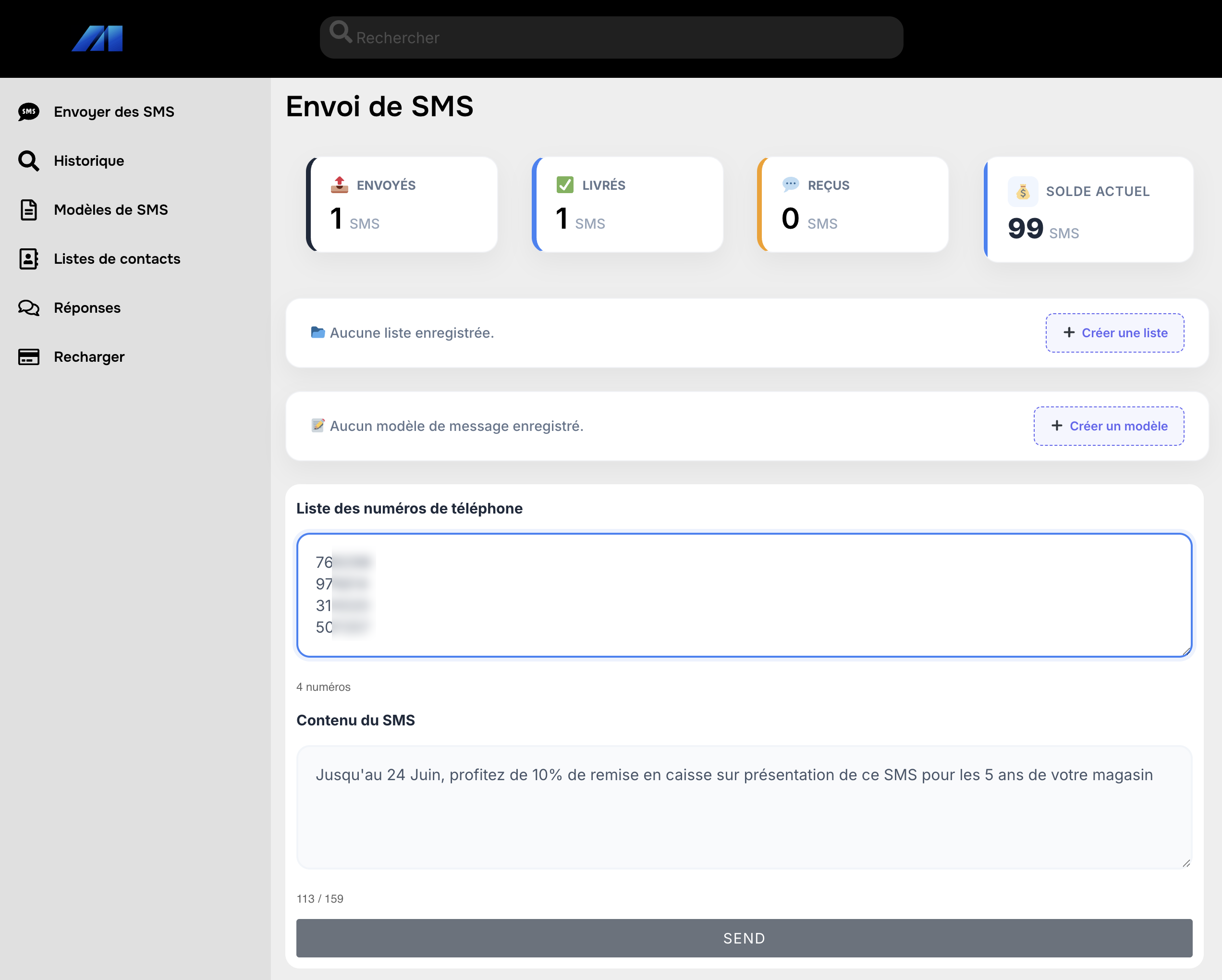Interface envoi SMS NC Mobiplus avec modèles de messages