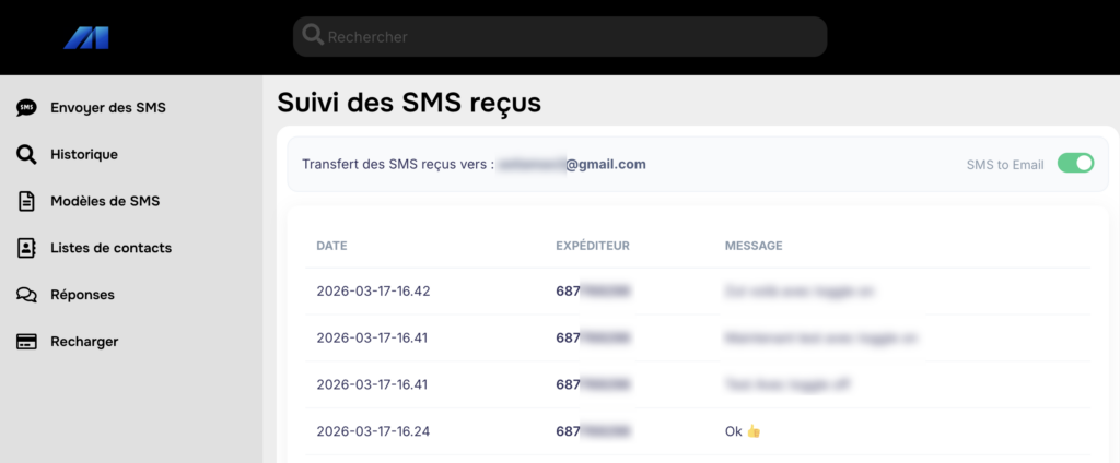 Interface de réception des réponses SMS NC et option transfert vers email